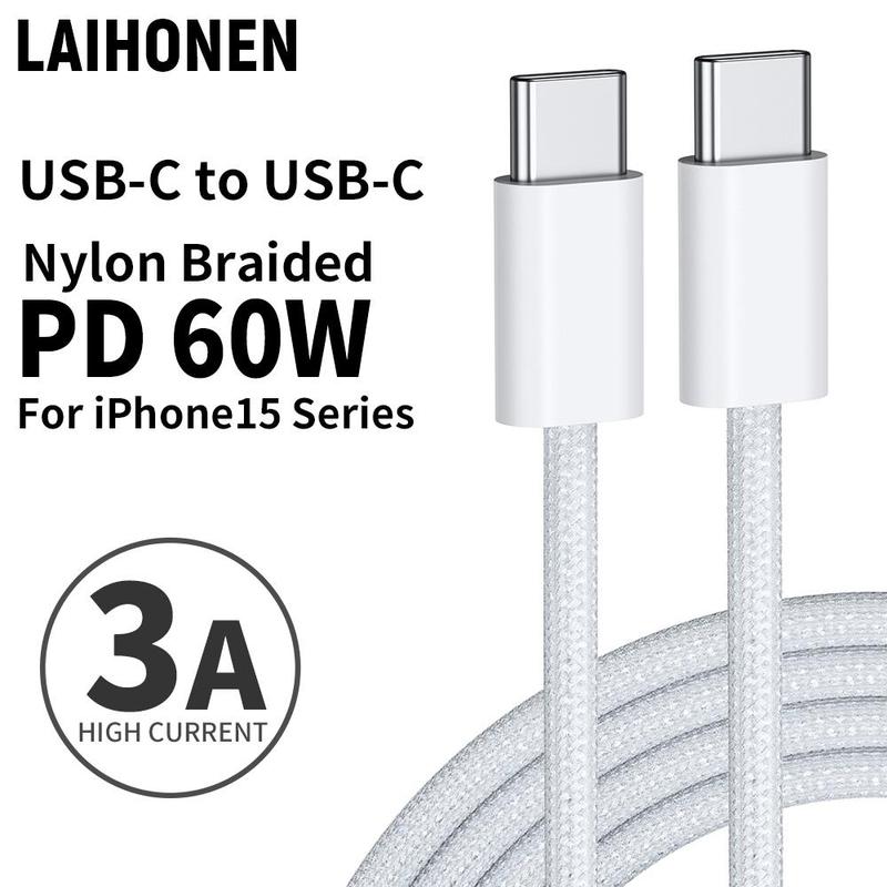 PD 60W USB C to Type C Fast Charging Cable, 3 Counts 3A Fast Charging & Data Sync Cable, Nylon Braided USB C Charger Cable for iPhone 15 Series & Android Phones