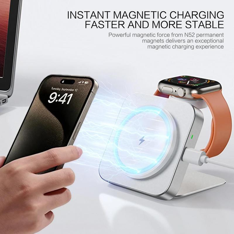 Wireless Charger, 2 in 1 Foldable Phone Holder, 15W Fast Charging Charger, Smart Charging Adapter for Phone & Watch