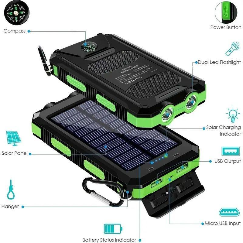 Portable Solar Power Bank, 1 Count 10000mAh External Battery Charger with LED Lights, Multi-functional Power Bank with Strong LED Flashlight & 2 USB Output Ports for Outdoor & Emergency Use, Smartphone Accessories, Charging Devices