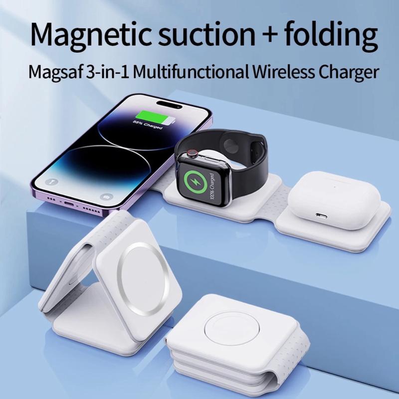 3 in 1 Foldable Wireless Magnetic Charger, Luxury, Lightweight, Easy to Carry, Office companion, Travel companion, Charging Device Port, comes with USB cable. Adapter is not included. Cellphone Smartphone Mobile Electronic Gadget