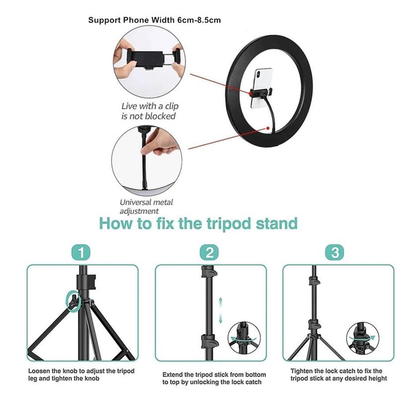 10 Inch Ring Light with Tripod Stand, 1 Set Beauty Lamp with Phone Clip & Retractable Tripod & Phone Holder, Dimmable LED Fill Light, Suitable for Selfie Camera Photography Makeup Video Vlogging Live Broadcast