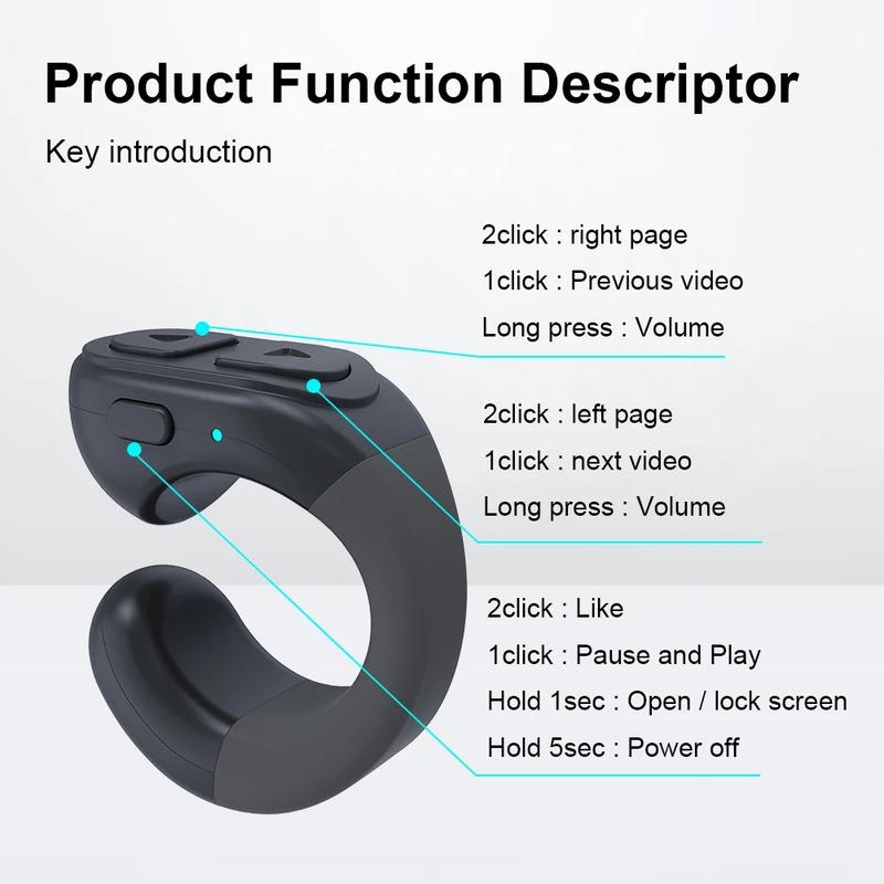 TikTok Scrolling Ring with Phone Stand, Remote Control for TikTok, Bluetooth Page Turner for iPad Kindle App iPhone Android, Finger Scroller, Black