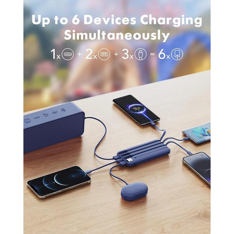 Portable Charger with Built in Cables, Portable Charger with Cords Wires Slim 10000mAh Travel Essentials Battery Pack 6 Outputs 3A High Speed Power Bank for iPhone Samsung Pixel LG Moto iPad