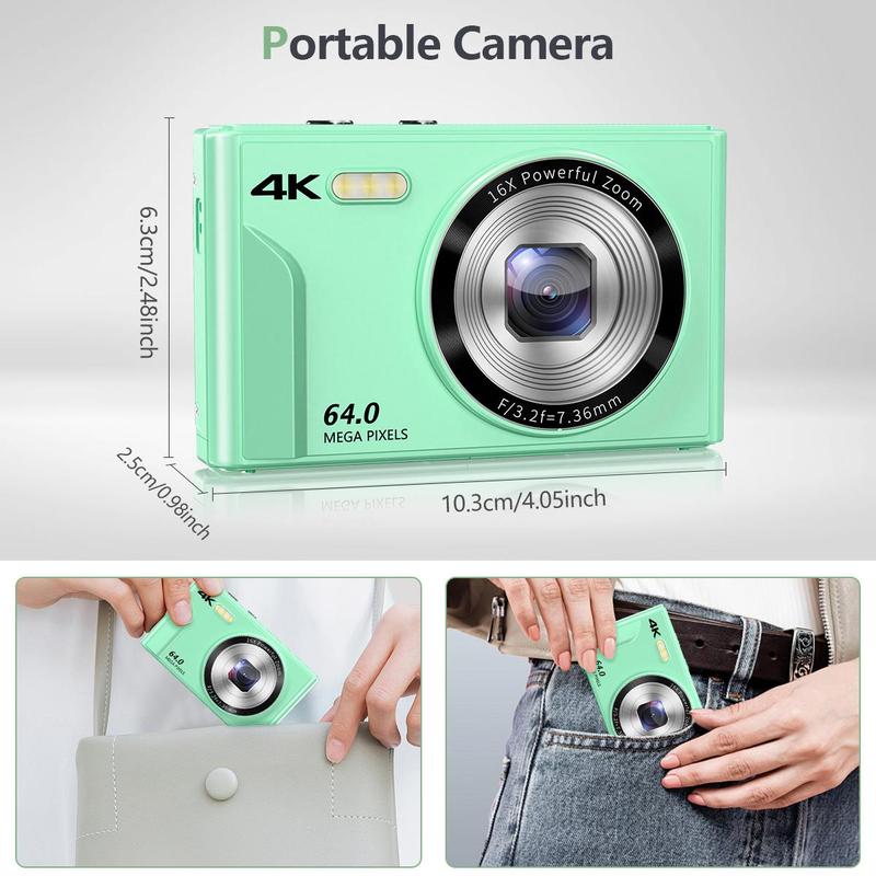 4K Digital Camera, 1 Count 64MP Auto Focus Digital Camera, Compact & Portable Camera with 32G Memory Card & Battery, Rechargeable Portable Camera, Mini Camera, Stocking Fillers Gift, Compact Camera, Camera