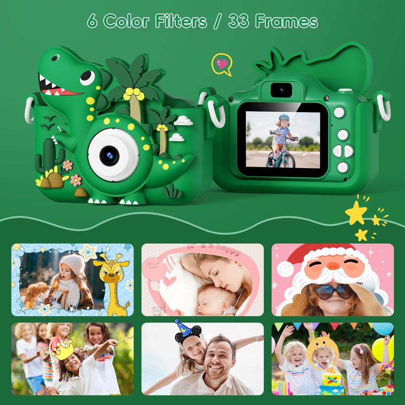 Cartoon Dinosaur Design Camera Toy, 1080P HD Digital Camera with 5 Puzzle Games, Fun Stickers for Girls Boys, Birthday Gifts