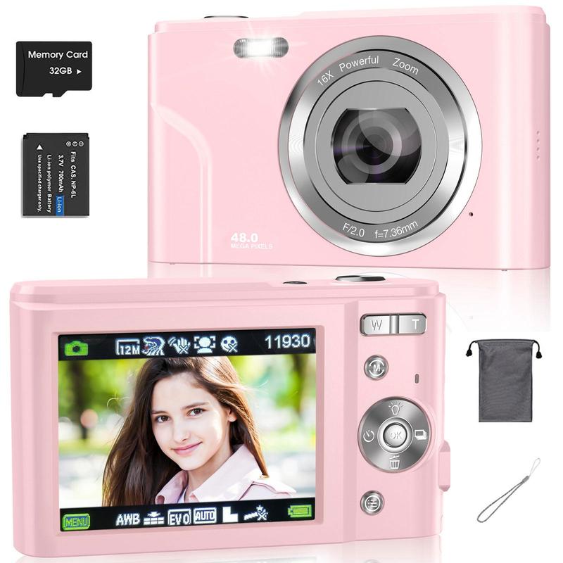 Portable 48MP 1080p Digital Camera, Auto Focus Digital Cameras with 32GB Card, Interface Digital Camera for Photography Beginners, Portable Digital Cameras for Photos, Mini Compact Photo Camera, Stocking Fillers, Digital Cameras