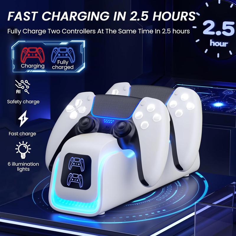 Ukor RGB PS5 Controller Charger, 6 LED Modes Fast Charging Dock for PlayStation 5 Controllers, Dual Charging Station with USB-C Cable, PS5 Game Consoles Accessories