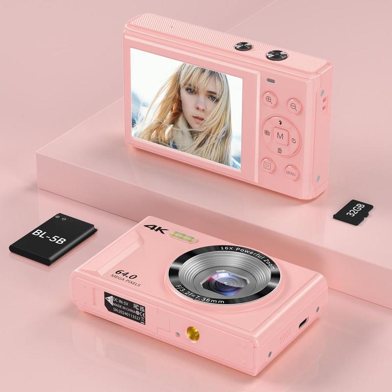 4K Digital Camera, 1 Count 64MP Auto Focus Digital Camera, Compact & Portable Camera with 32G Memory Card & Battery, Rechargeable Portable Camera, Mini Camera, Stocking Fillers Gift, Compact Camera, Camera