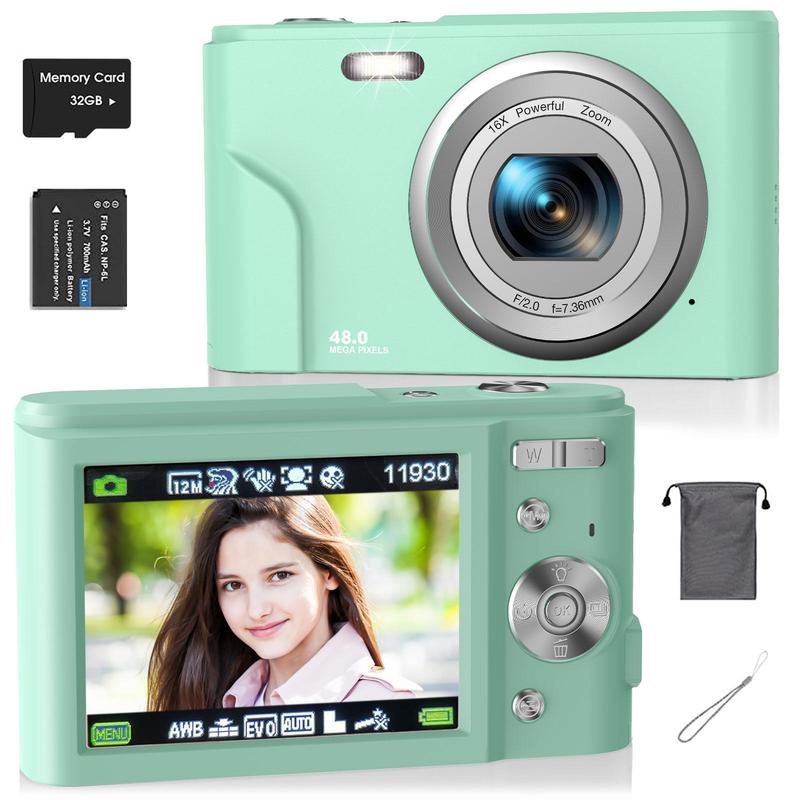 Portable 48MP 1080p Digital Camera, Auto Focus Digital Cameras with 32GB Card, Interface Digital Camera for Photography Beginners, Portable Digital Cameras for Photos, Mini Compact Photo Camera, Stocking Fillers, Digital Cameras