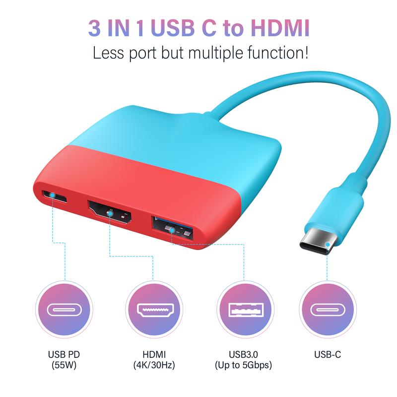 Battony USB C to HDMI Adapter for Nintendo Switch Switch OLED MacBook Pro Air iPad Pro Android Phone, USBC to 4K HDMI Output Multiport Converter Adaptor for Switch Dock Replacement