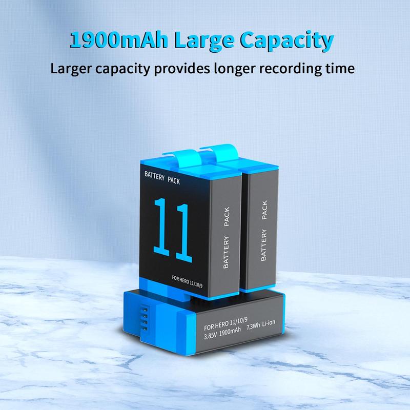 Rechargeable Battery with Charging Case, Larger Capacity 5V 3A 1900mAh Battery Pack for Hero 11 10 9 Series, Camera Accessories