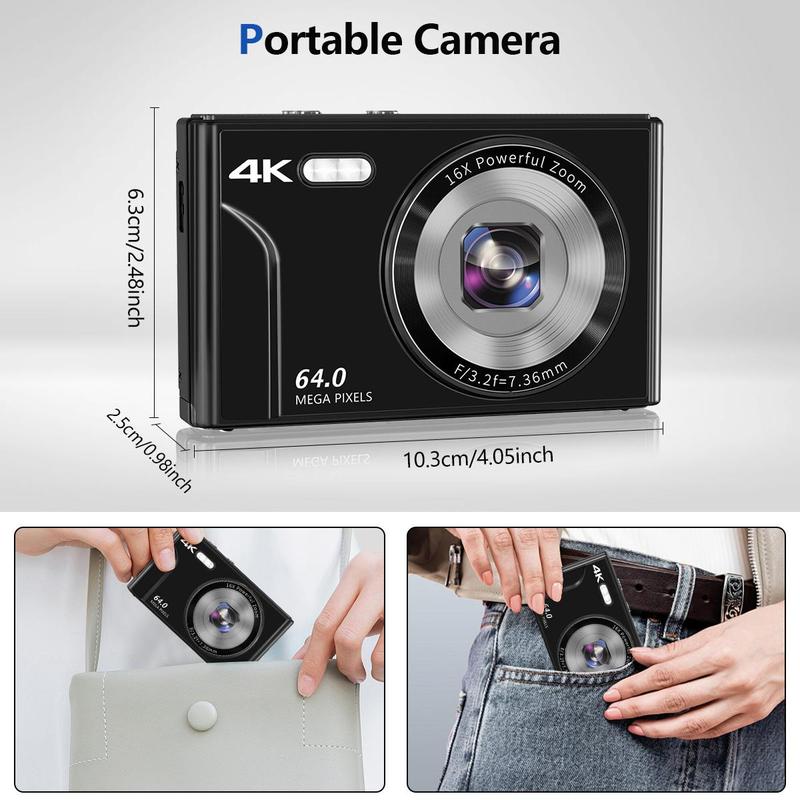 4K Digital Camera, 1 Count 64MP Auto Focus Digital Camera, Compact & Portable Camera with 32G Memory Card & Battery, Rechargeable Portable Camera, Mini Camera, Stocking Fillers Gift, Compact Camera, Camera