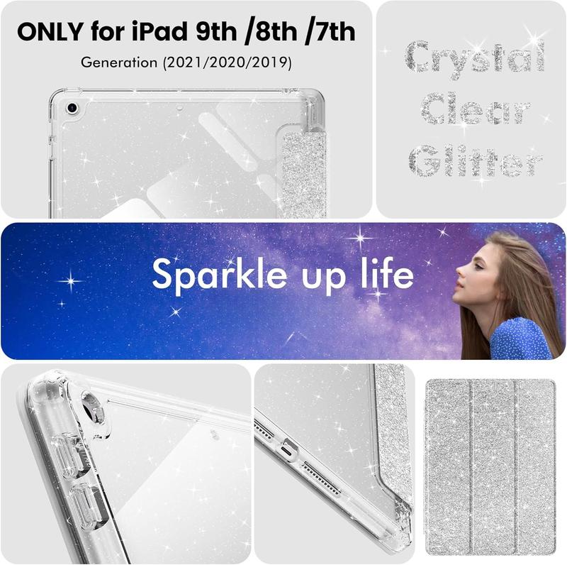 for iPad 9th Generation 2021  iPad 8th Generation 2020  iPad 7th Generation 2019 Case 10.2 inch, Glitter Cover with Clear , Pencil Holder for  Girls,