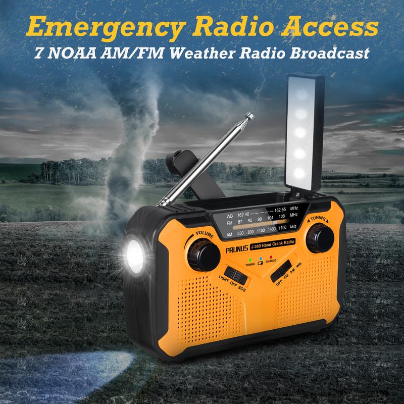 PRUNUS Emergency NOAA Weather Radio with 11100mWh Portable Power Bank, AA Batteries Solor Hand Crank USB Rechargeable Batteries, LED Flashlight and Reading Lamp,SOS Alarm & Flashlight,AM FM, J-369