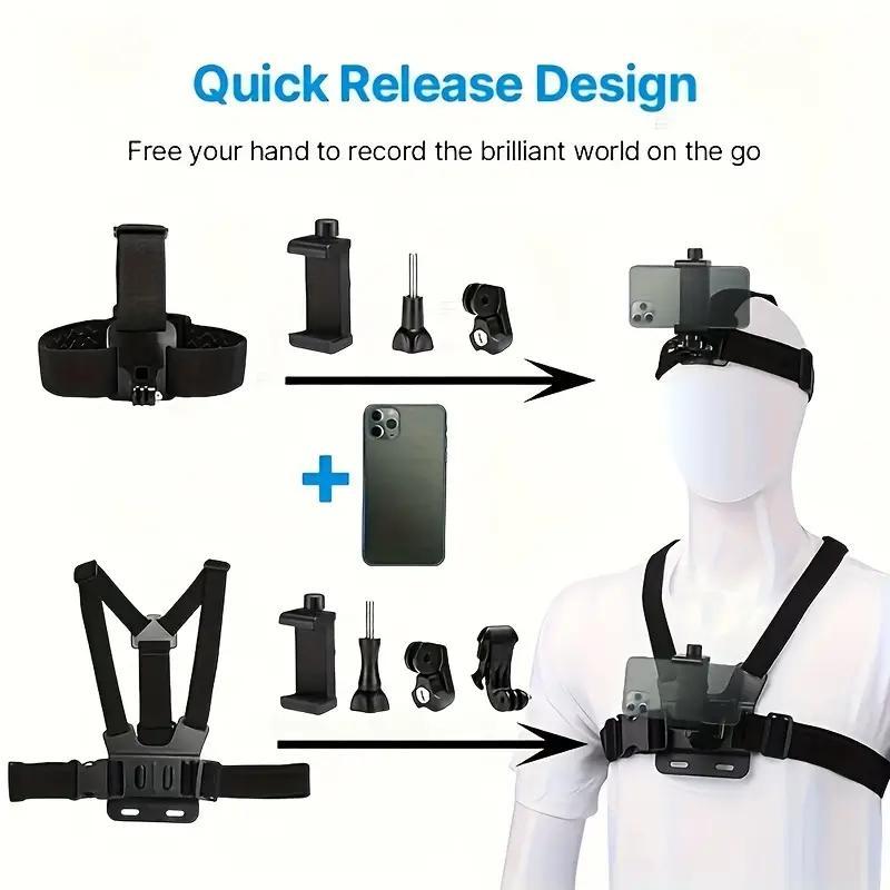 Action Camera Chest Strap Kit, Multifunctional Phone Clip Mount, Outdoor Shooting Accessories, Action Camera Accessories for Gopro Phone Osmo Action, Smartphone Accessories