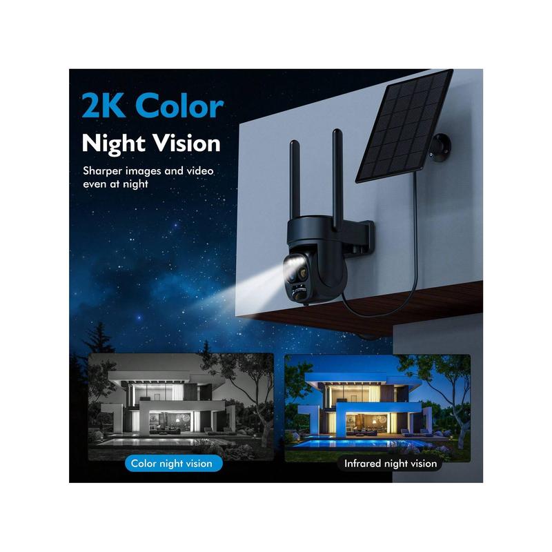 2K Solar-Powered Wireless Outdoor Security Camera, 360° Pan Tilt, 10X Zoom, PIR Motion Detection, Spotlight & Siren