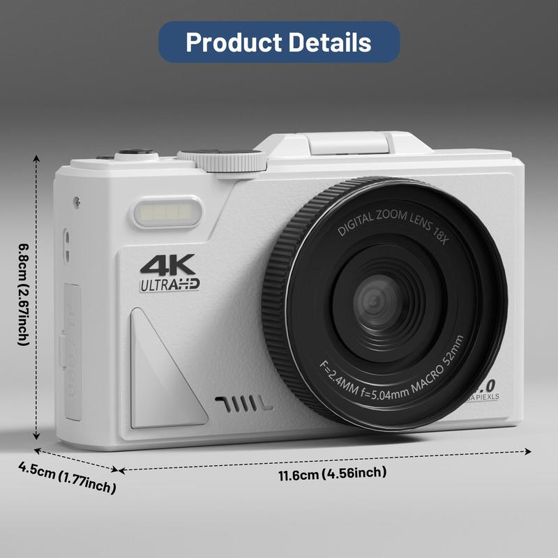 Compact Portable 4K Digital Camera, 1 Count Auto-Focus 64MP Vlogging Camera with 32G TF Card & Flash, Compact Digital Camera with 3 Inch 180° Degree Flip Screen for Travel, 18X Digital Zoom Point & Shoot Camera for Daily Use, Stocking Fillers Gift