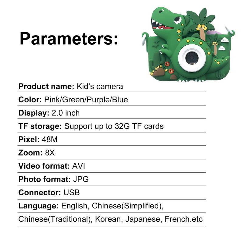 Cartoon Dinosaur Design Camera Toy, 1080P HD Digital Camera with 5 Puzzle Games, Fun Stickers for Girls Boys, Birthday Gifts