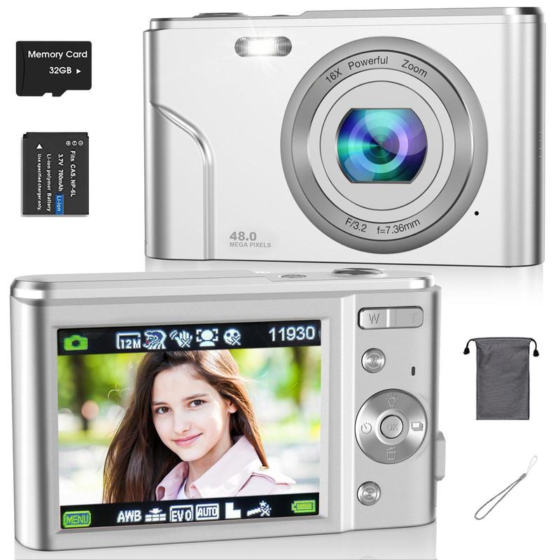 Portable 48MP 1080p Digital Camera, Auto Focus Digital Cameras with 32GB Card, Interface Digital Camera for Photography Beginners, Portable Digital Cameras for Photos, Mini Compact Photo Camera, Stocking Fillers, Digital Cameras