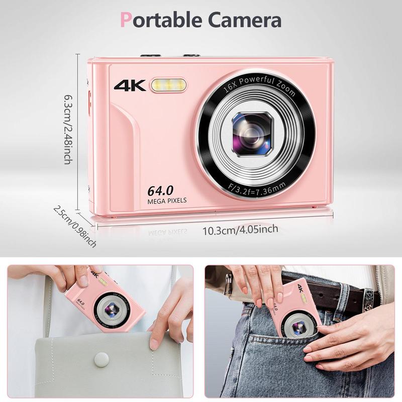 4K Digital Camera, 1 Count 64MP Auto Focus Digital Camera, Compact & Portable Camera with 32G Memory Card & Battery, Rechargeable Portable Camera, Mini Camera, Stocking Fillers Gift, Compact Camera, Camera