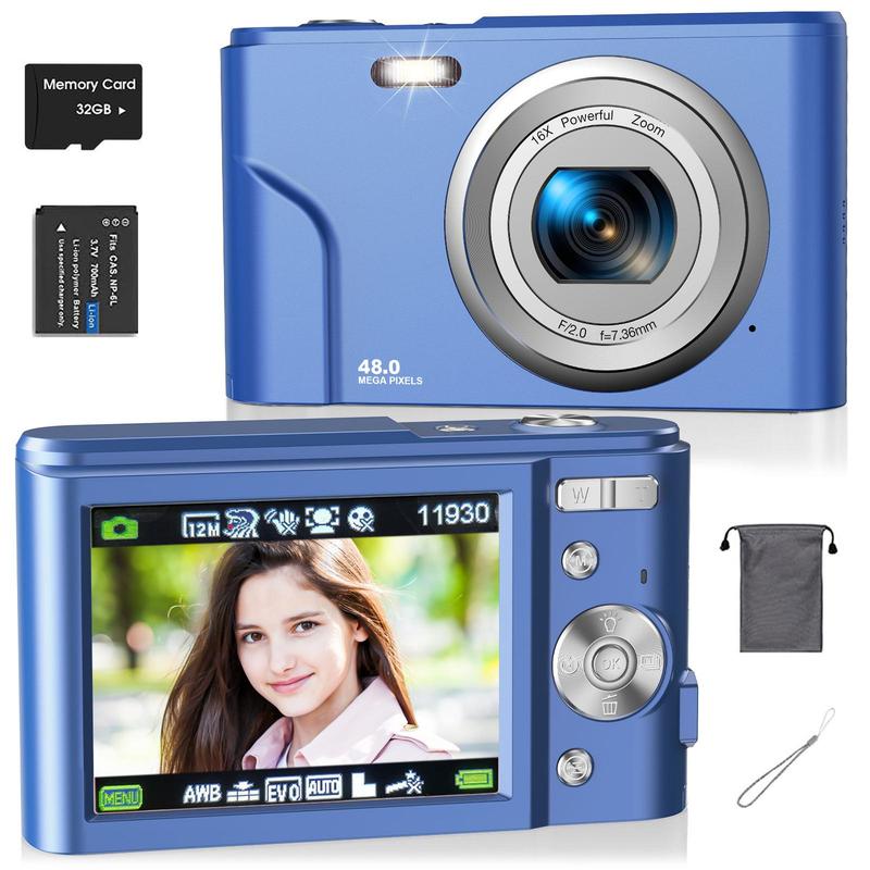 Portable 48MP 1080p Digital Camera, Auto Focus Digital Cameras with 32GB Card, Interface Digital Camera for Photography Beginners, Portable Digital Cameras for Photos, Mini Compact Photo Camera, Stocking Fillers, Digital Cameras