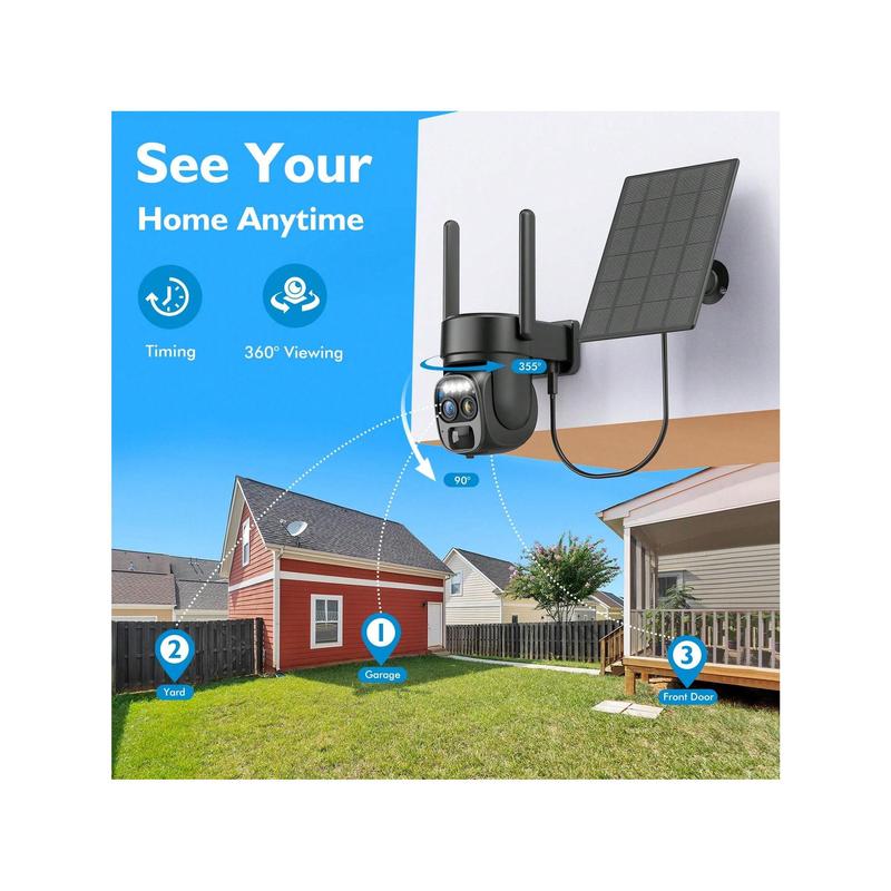 2K Solar-Powered Wireless Outdoor Security Camera, 360° Pan Tilt, 10X Zoom, PIR Motion Detection, Spotlight & Siren