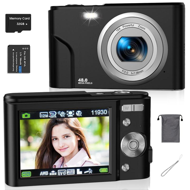 Portable 48MP 1080p Digital Camera, Auto Focus Digital Cameras with 32GB Card, Interface Digital Camera for Photography Beginners, Portable Digital Cameras for Photos, Mini Compact Photo Camera, Stocking Fillers, Digital Cameras