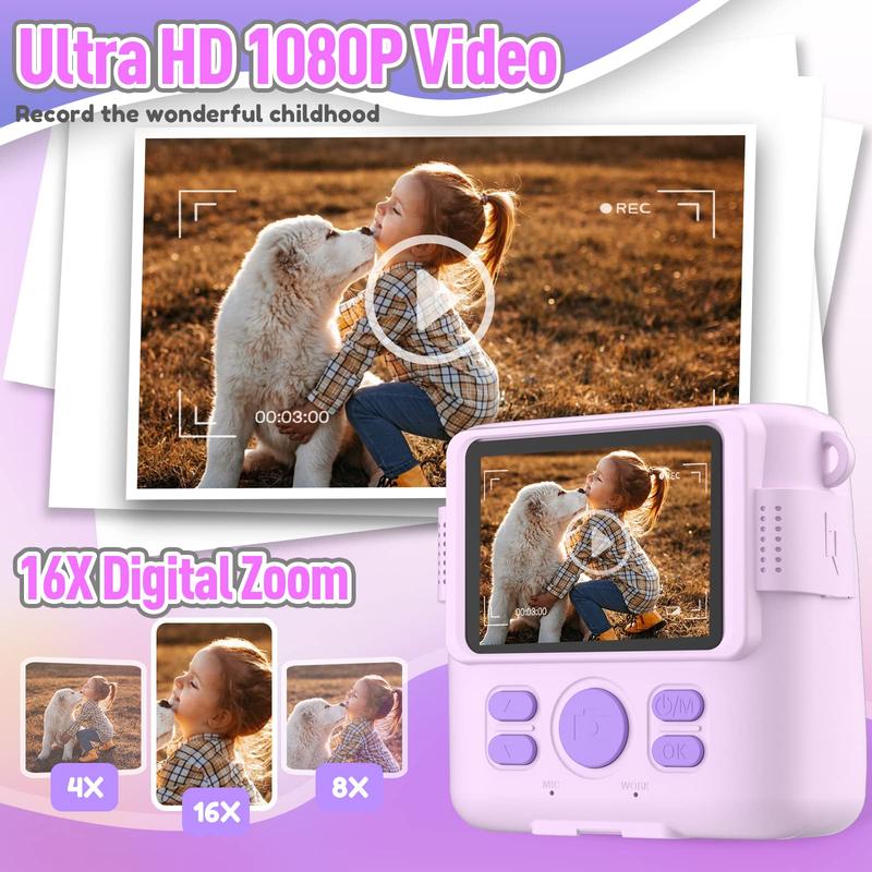 Instant Print Camera for Kids, Portable toys Christmas birthday gifts for kids aged 3-12，HD Video Camera for Toddlers,  32GB SD Card Included