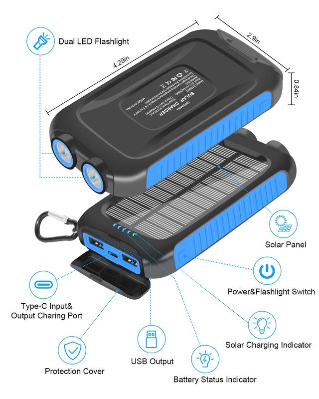 10000mAh Power-Bank-Solar-Charger, Portable Charger, External Battery Pack 5V 3A Type C Input Output Dual Built-in Super Bright Flashlight, Carabiner, Solar Panel Charging solar power outdoor  power Phone Thin Smartphone Chargeable Usb