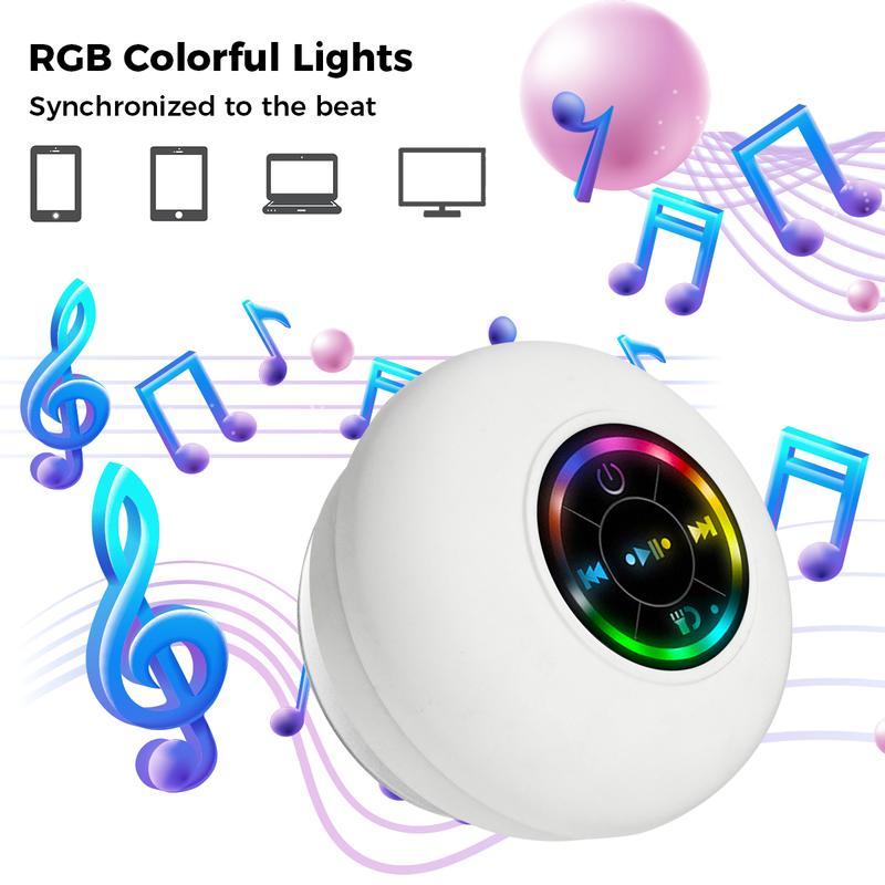 Mini Bluetooth Shower Speaker with LED light, White,Portable IPX4 Waterproof, Hands-Free Speakerphone, Rechargeable Using Micro USB, Wireless Stereo for Beach, Shower & Home,Car