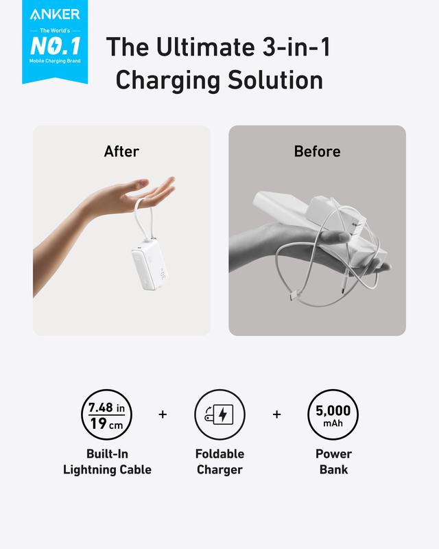 [Live Only] Anker 3in1 Power Bank,  5,000mAh Portable Charger with Built-in Cable and Foldable AC Plug, 30W Max Compact Battery Pack, for iPhone 15 Series, Galaxy, MacBook and More Charging Devices Accessories