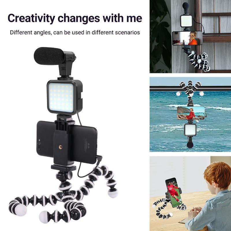 Flexible Tripod Vlogging Kit, 1 Set Tripod & LED Light & Microphone & Phone Holder & BT Remote, Camera Accessories for Live Stream, Video Calls, Vlogging