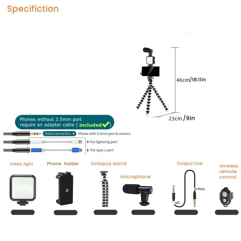 Flexible Tripod Vlogging Kit, 1 Set Tripod & LED Light & Microphone & Phone Holder & BT Remote, Camera Accessories for Live Stream, Video Calls, Vlogging