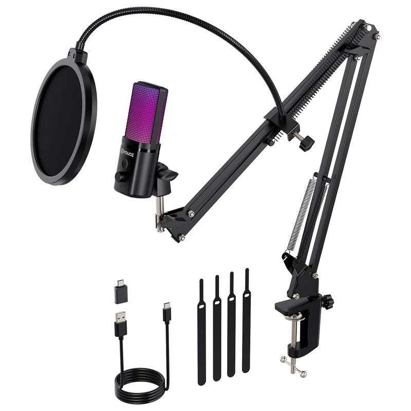 FDUCE Gaming USB Microphone, RGB Condenser mic with Mute, Gain, Monitoring, Boom Arm for Streaming, Podcast, Twitch, YouTube, PC, Computer, PS5, (M160+)