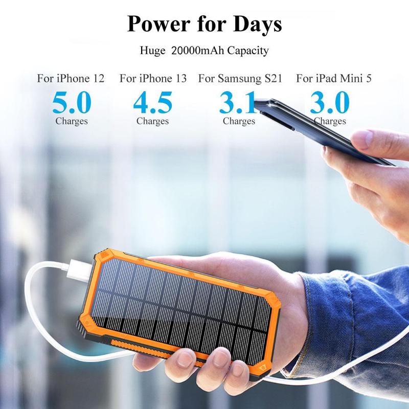 Solar Powered Power Bank, 20000mAh Portable Charger with Flashlight, Built-in Solar Panel and Bright Flashlight, Suitable for Outdoor Camping Party Sports