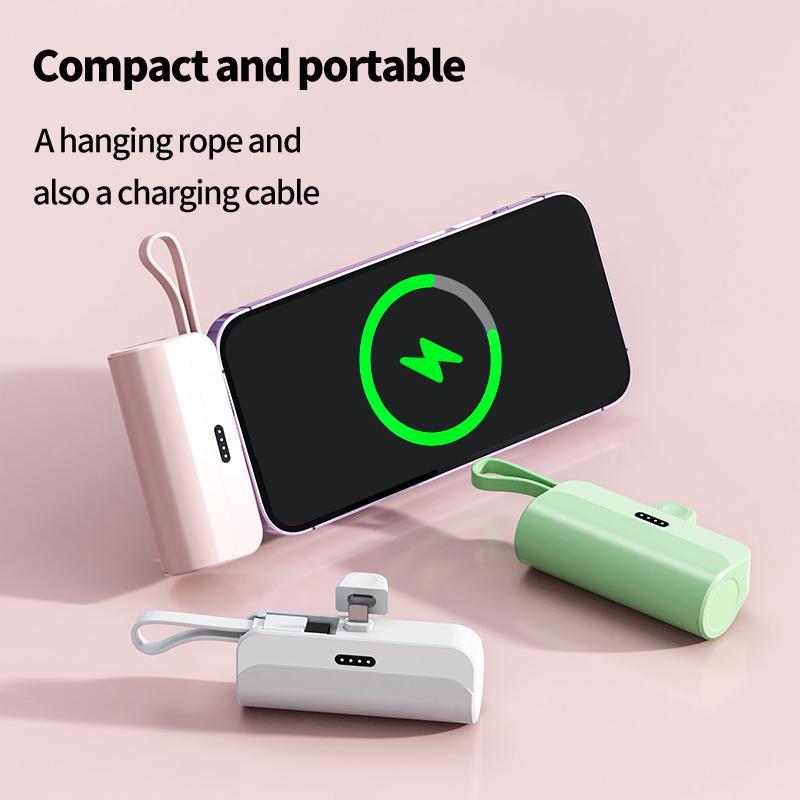 5000mAh Portable Mini Power Bank, Mini Capsule Power Bank with Built-in Cable, Portable Charger for iPhone & Android, Emergency Backup Power Bank