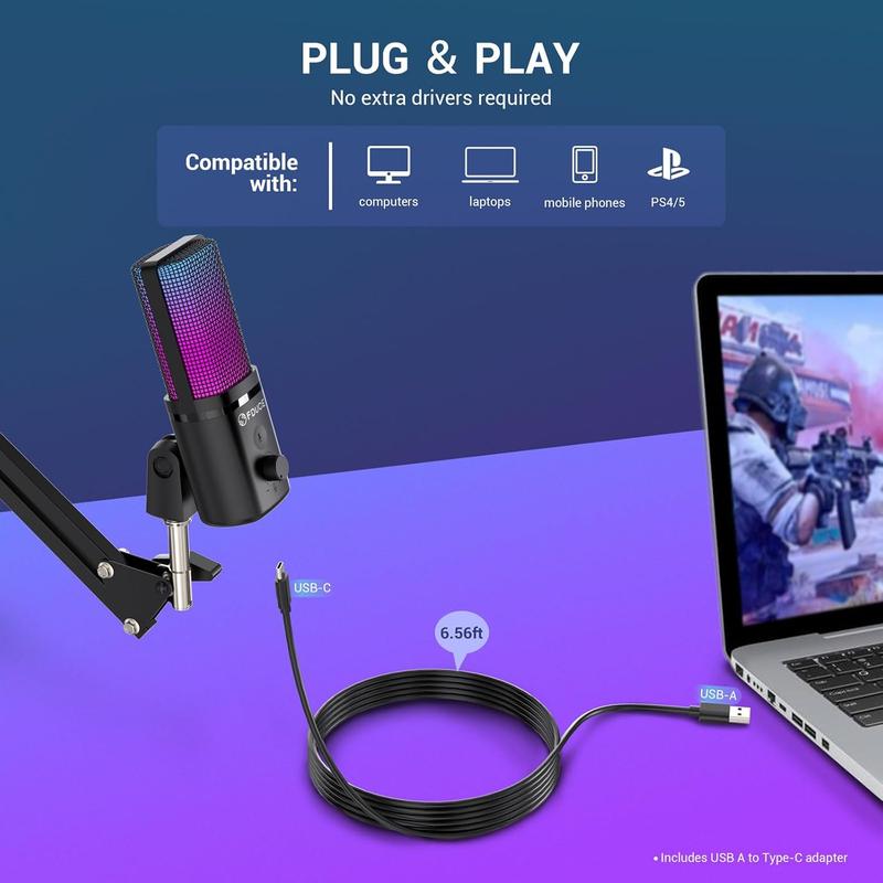 FDUCE Gaming USB Microphone, RGB Condenser mic with Mute, Gain, Monitoring, Boom Arm for Streaming, Podcast, Twitch, YouTube, PC, Computer, PS5, (M160+)