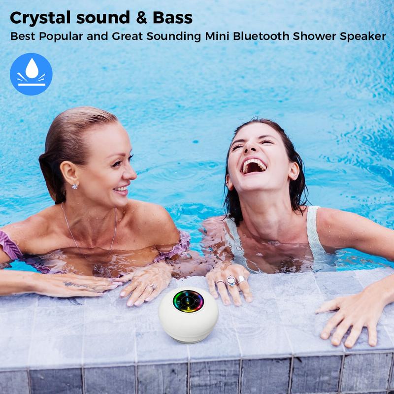 Mini Bluetooth Shower Speaker with LED light, White,Portable IPX4 Waterproof, Hands-Free Speakerphone, Rechargeable Using Micro USB, Wireless Stereo for Beach, Shower & Home,Car