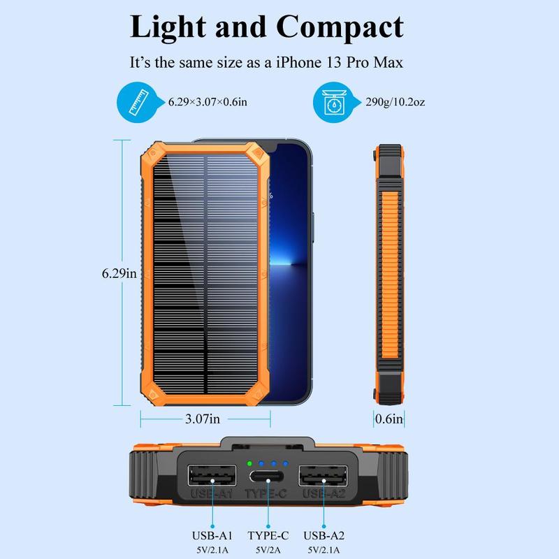 Solar Powered Power Bank, 20000mAh Portable Charger with Flashlight, Built-in Solar Panel and Bright Flashlight, Suitable for Outdoor Camping Party Sports