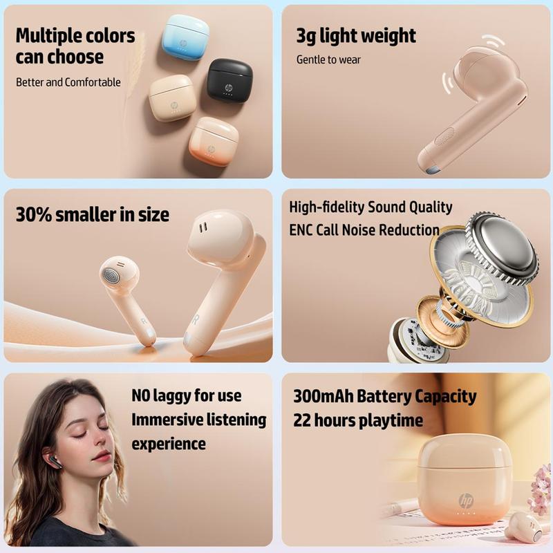 HP Wireless Earphone, in-ear Design Wireless Waterproof Earbuds Bass, IPX4 Waterproof Sports Earphones, 22H Playtime USB C Charging Ear Buds