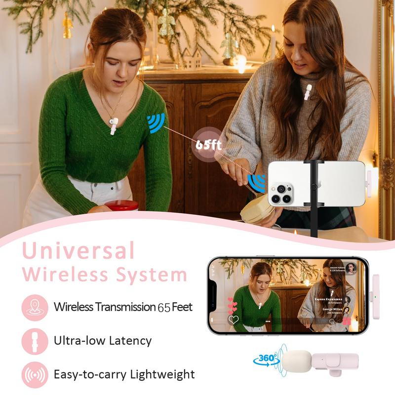 2pcs Lavalier Wireless Pink Microphone for iPhone iPad, Wireless Microphone for Video Recording, Live Streaming, Interviews, Clip on Shirt