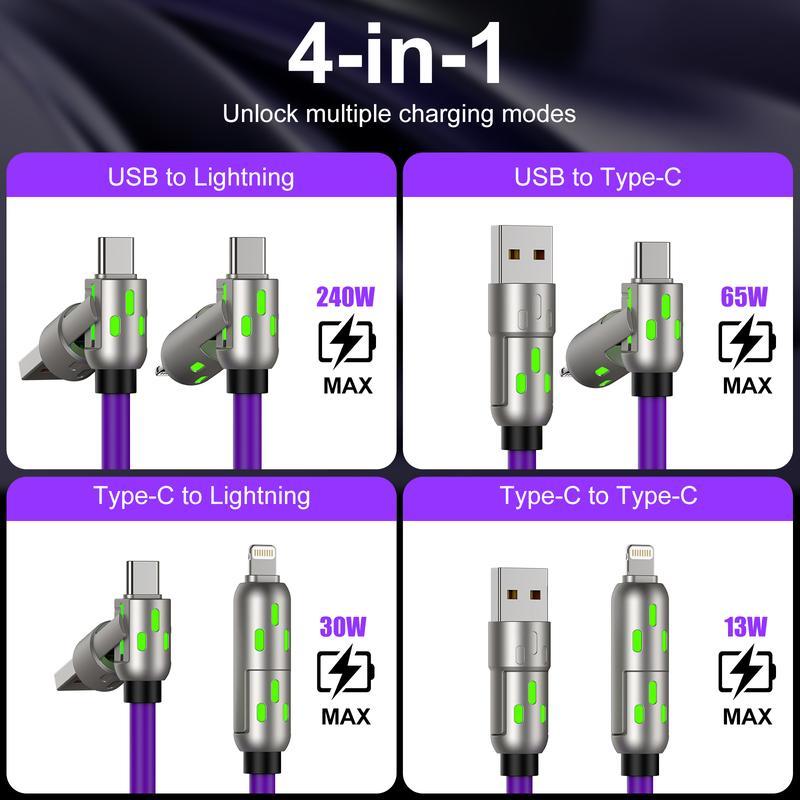 240W 4-in-1 USB-C Data Cable with Storage Bag, USB-A Type-C Multifunctional Zinc Alloy 240W Data Cable for iPhone 15 14 Mobile iPad Pro, Charging Cable for Phone