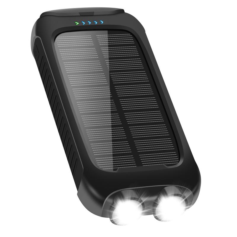 10000mAh Power-Bank-Solar-Charger, Portable Charger, External Battery Pack 5V 3A Type C Input Output Dual Built-in Super Bright Flashlight, Carabiner, Solar Panel Charging solar power outdoor  power Phone Thin Smartphone Chargeable Usb