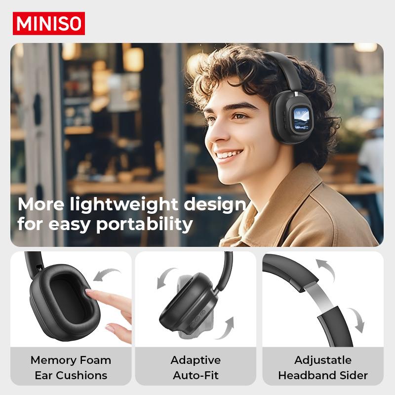 MINISO G90 Wireless Headphones with Built-in Microphone ANC Noise Cancellation Touch Screen Headset HIFI Stereo Full-Color Display Multifunctional Earbuds Foldable Gaming Headset for Phones,Computers, MP3