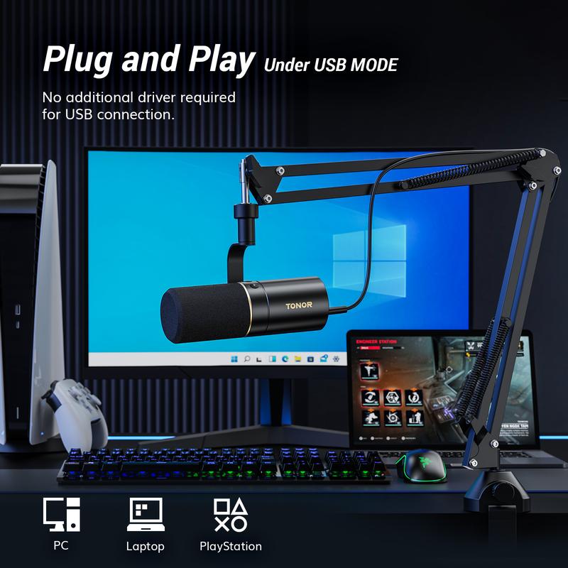 TONOR TD510+ Dynamic Microphone, USB XLR PC Microfono with Boom Arm Stand for Podcast, Recording, Live Streaming & Gaming, XLR Cardioid Studio Mic for Music & Voice-Over with 3.5mm Headphones Jack