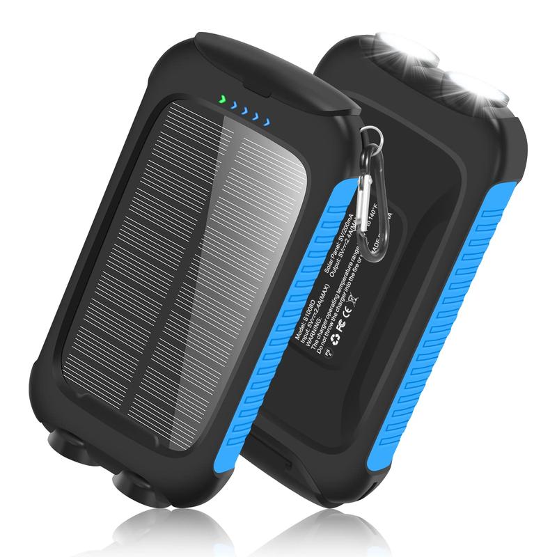 10000mAh Power-Bank-Solar-Charger, Portable Charger, External Battery Pack 5V 3A Type C Input Output Dual Built-in Super Bright Flashlight, Carabiner, Solar Panel Charging solar power outdoor  power Phone Thin Smartphone Chargeable Usb