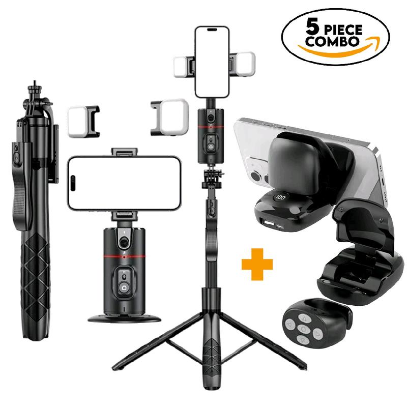 Combo Pack- TikTok CellPhone Remote Control Scrolling + Gimbal Auto Face Tracking + Separate Extendable Selfie Stick Tripod+ Remote Control w  2 Piece LED Lights. 360° Rotatable Camera Stand IPhone Tracking Holder, Stabilizer Selfie Accessories Smartphone