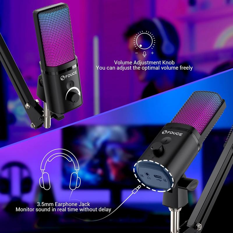 FDUCE Gaming USB Microphone, RGB Condenser mic with Mute, Gain, Monitoring, Boom Arm for Streaming, Podcast, Twitch, YouTube, PC, Computer, PS5, (M160+)