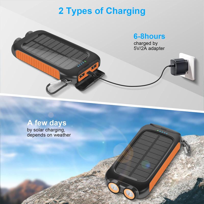 10000mAh Power-Bank-Solar-Charger, Portable Charger, External Battery Pack 5V 3A Type C Input Output Dual Built-in Super Bright Flashlight, Carabiner, Solar Panel Charging solar power outdoor  power Phone Thin Smartphone Chargeable Usb