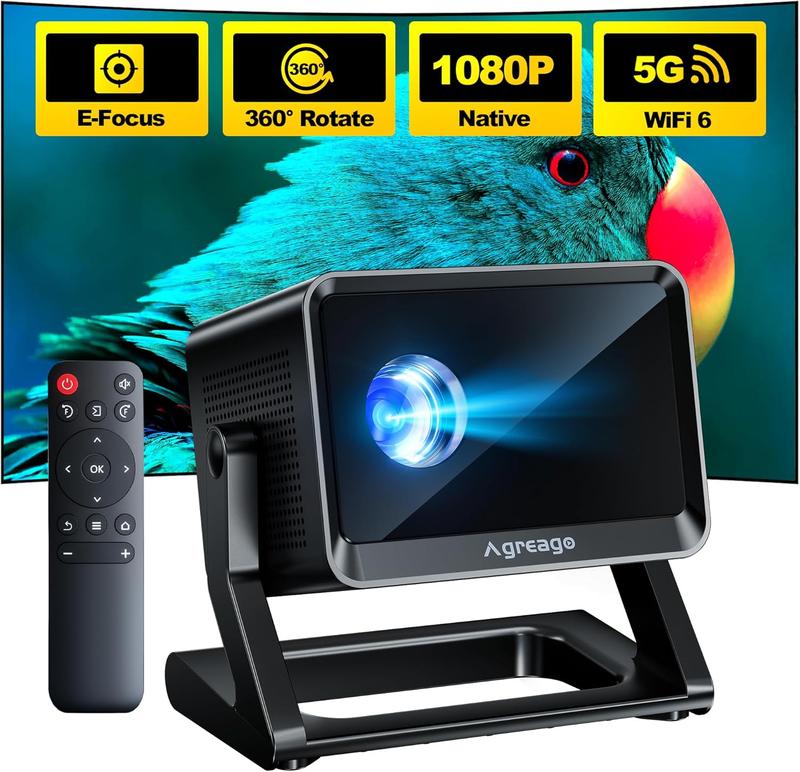 4K support Projector with Auto Focus 600 ANSI [360° Adjustable Stand]  Outdoor Movie Projector with WiFi and Bluetooth, 3D StereoSound & audio Keystone Video Projector, TV Stick PowerPoint HDMI USB Laptop AV ,Audio,